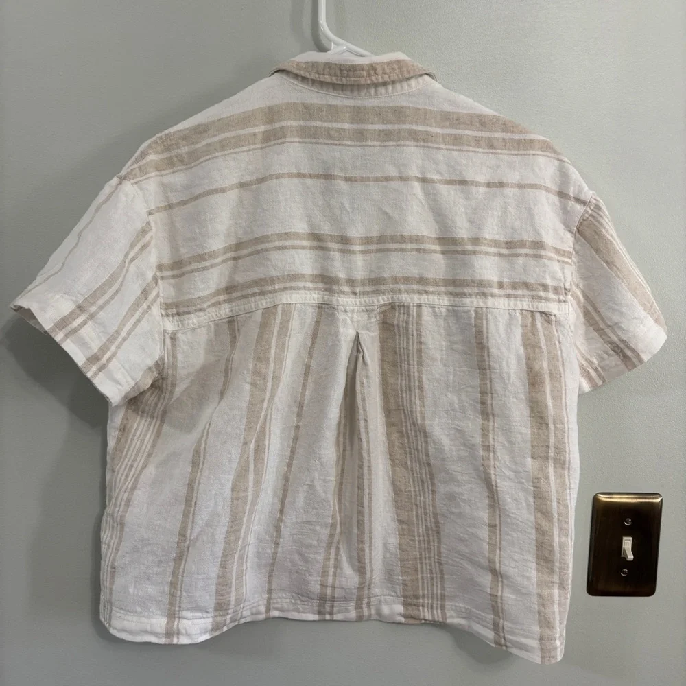 Madewell linen blend cropped button down top White and Tan medium - Picture 6 of 6